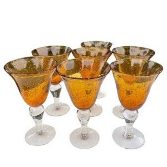 Amber Water Wine Globet Crackle Glass  8 Ounces Set of Seven - Picture 4 of 6